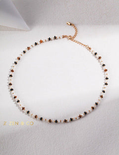 KAMALA Tiny beaded tiger eye stone and mother of pearl necklace and bracelet - ZEN&CO Studio