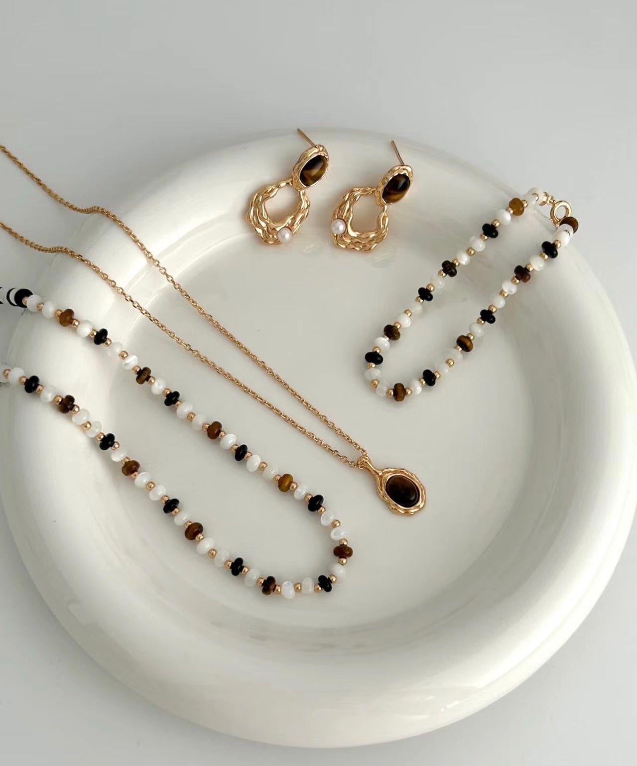 KAMALA Tiny beaded tiger eye stone and mother of pearl necklace and bracelet - ZEN&CO Studio