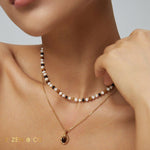 KAMALA Tiny beaded tiger eye stone and mother of pearl necklace and bracelet - ZEN&CO Studio