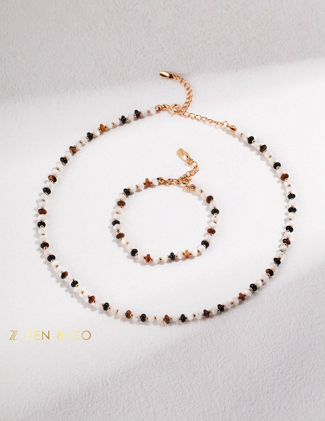 KAMALA Tiny beaded tiger eye stone and mother of pearl necklace and bracelet - ZEN&CO Studio