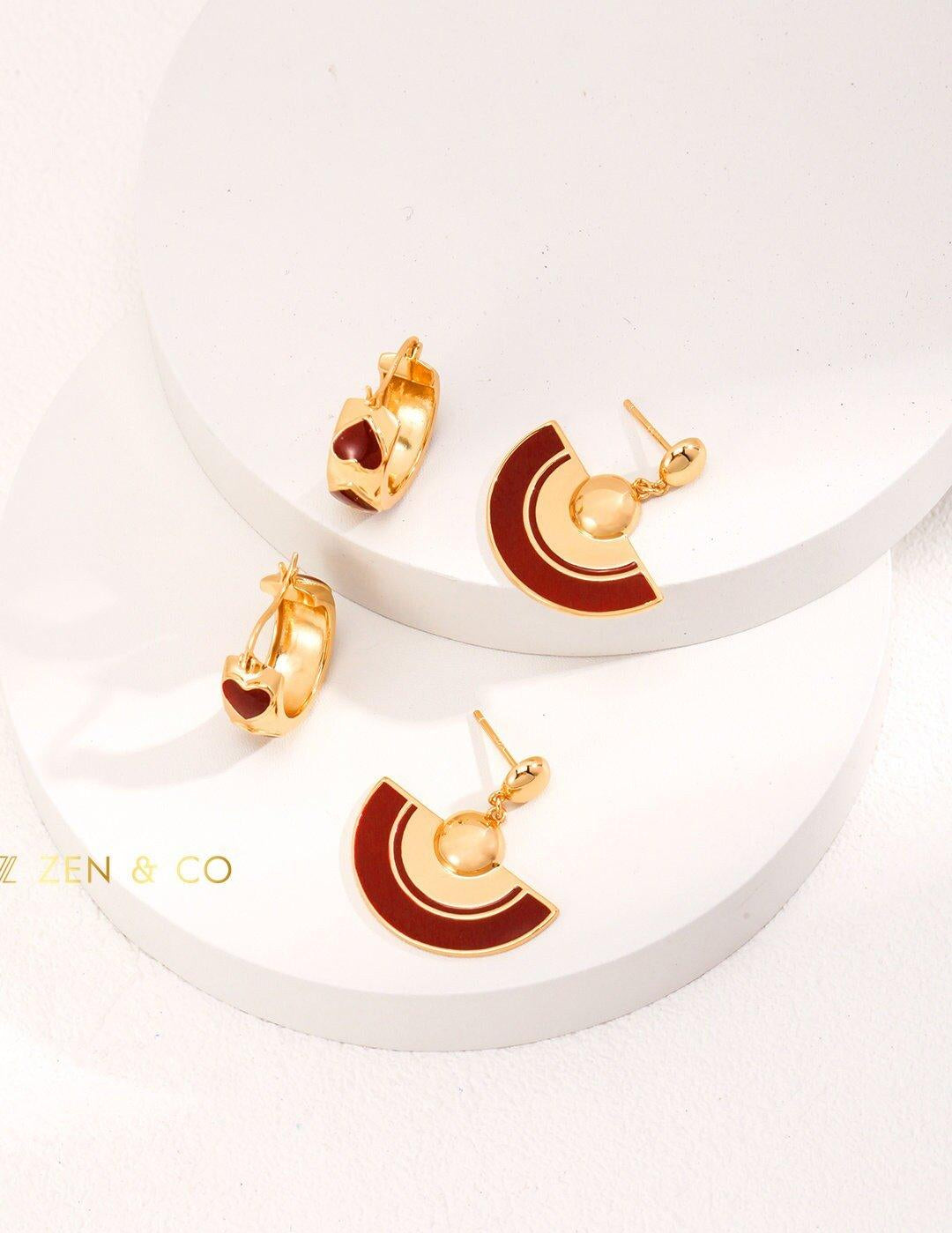 LUCKY Gold Red enamel hoop earrings Red enamel fan earrings - ZEN&CO Studio