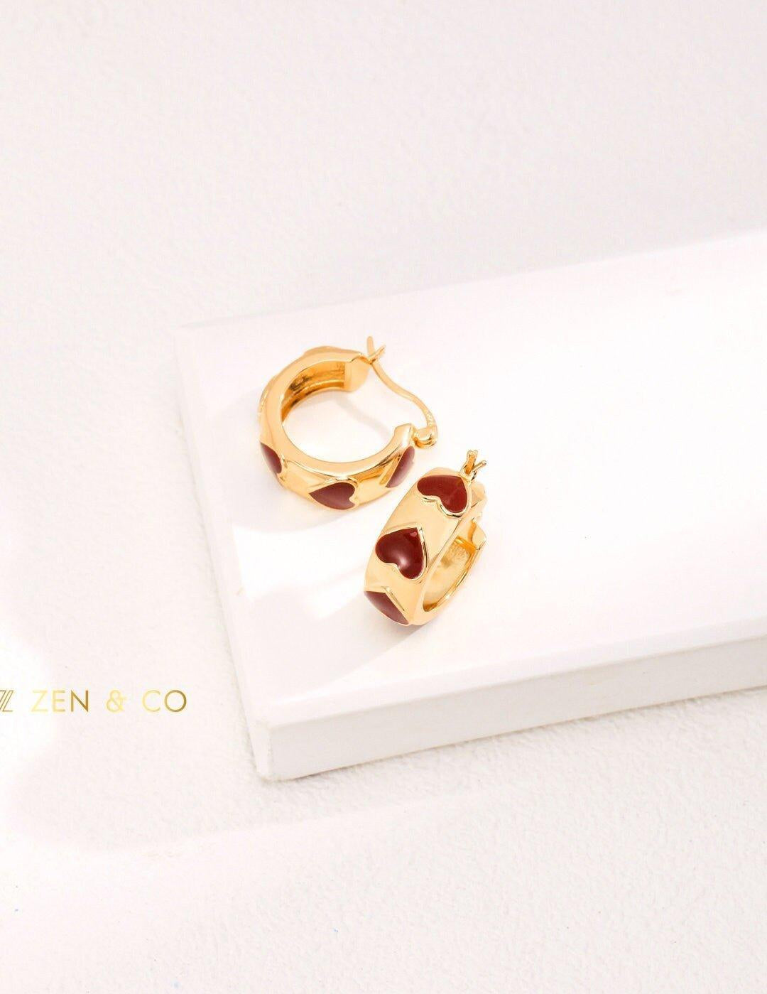 LUCKY Gold Red enamel hoop earrings Red enamel fan earrings - ZEN&CO Studio