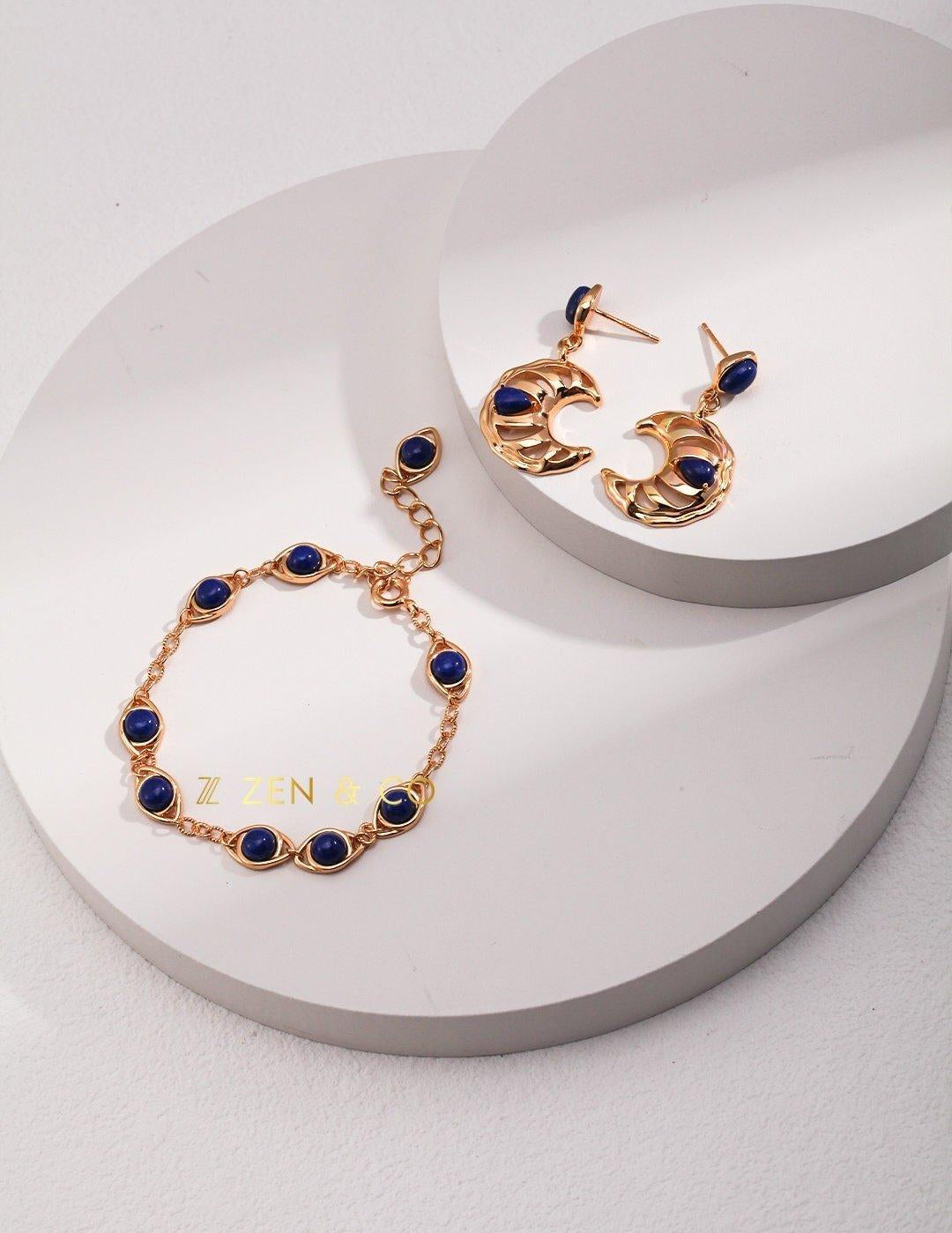 LUNA Moon shaped blue lapis lazuli dangle earrings - ZEN&CO Studio