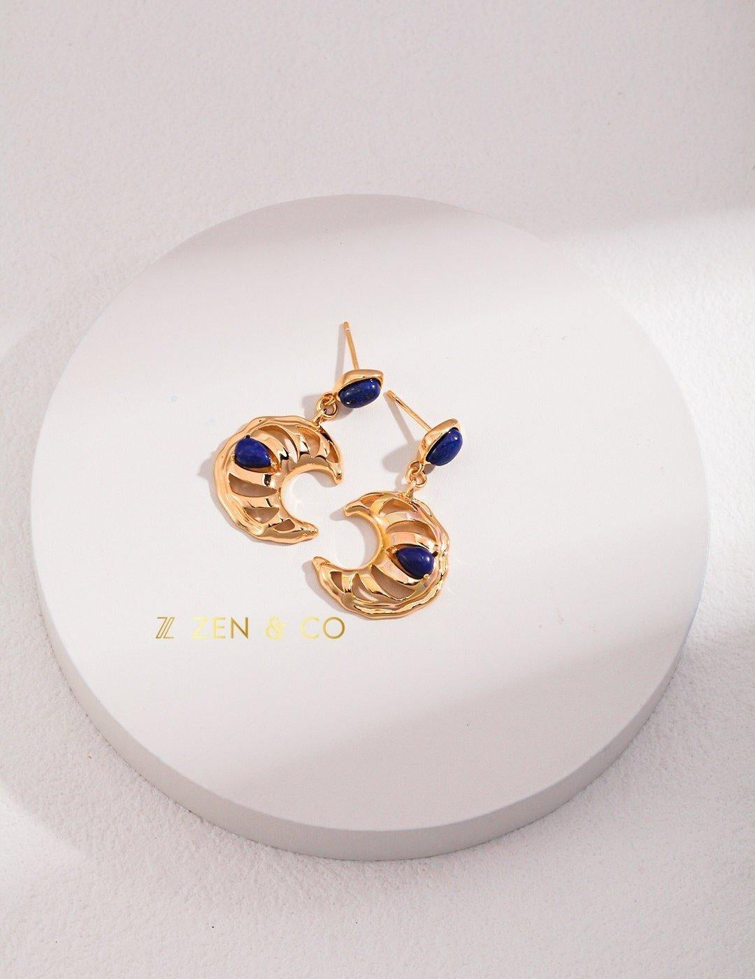 LUNA Moon shaped blue lapis lazuli dangle earrings - ZEN&CO Studio