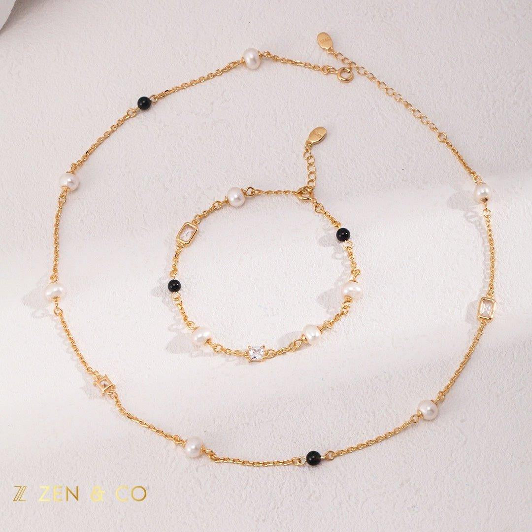 MASIE Minimalist pearl and black onyx necklace and bracelet - ZEN&CO Studio