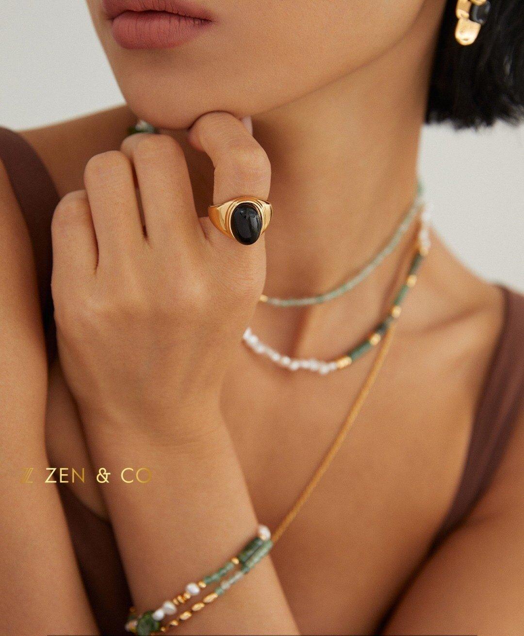 NALINI Signet open ring with black onyx and mother of pearl - ZEN&CO Studio