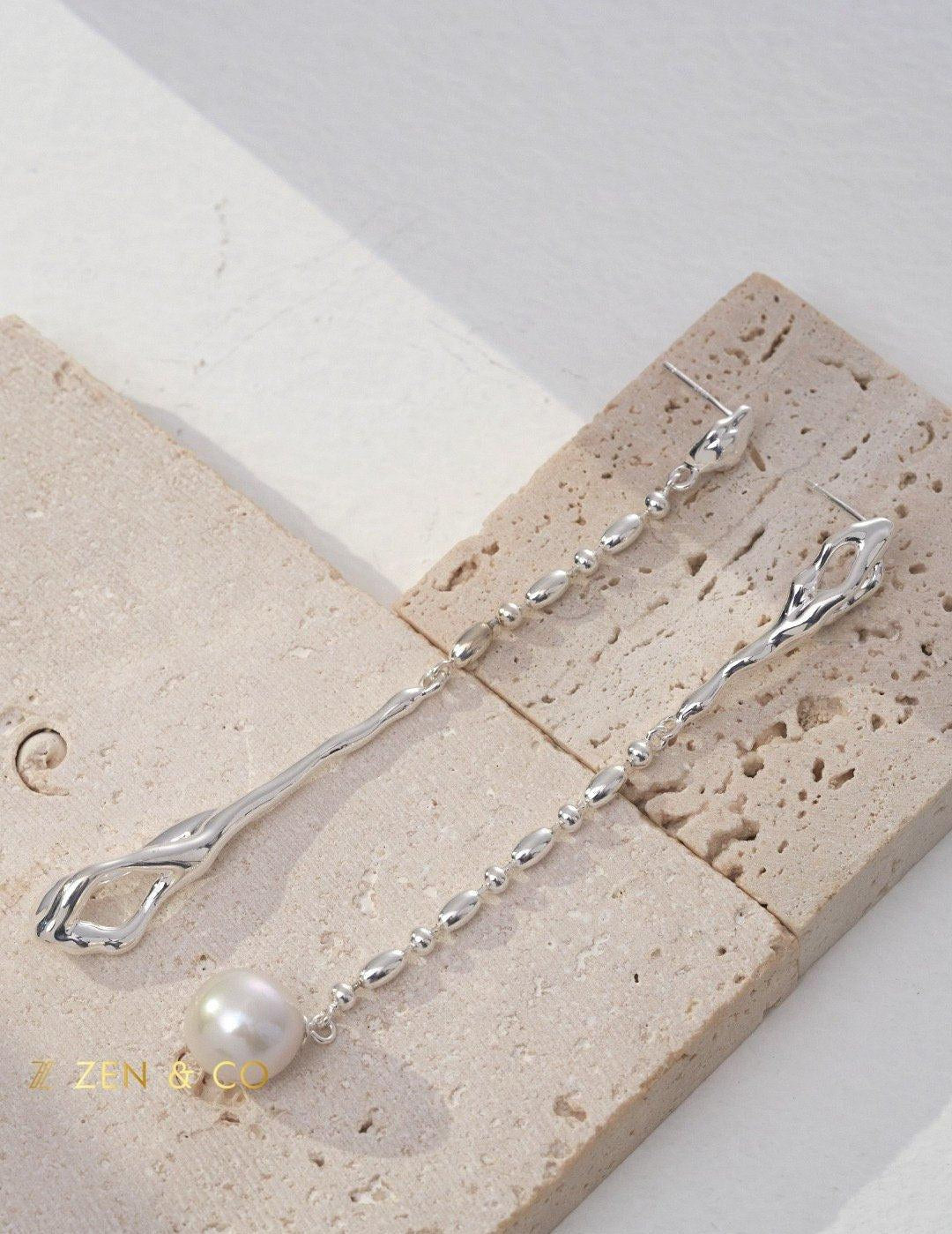 PAOLA Silver Asymmetric long dangle earrings with pearl - ZEN&CO Studio