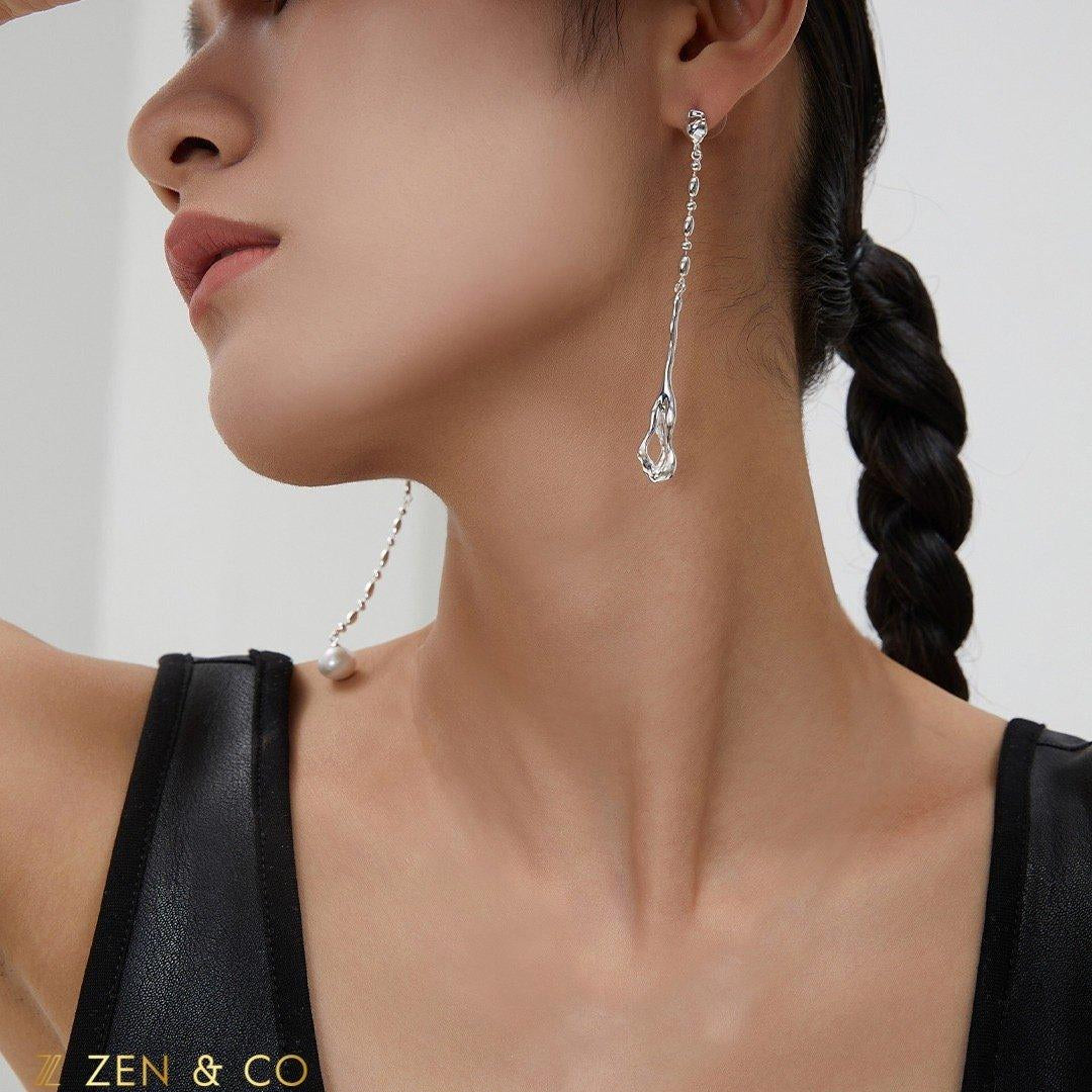 PAOLA Silver Asymmetric long dangle earrings with pearl - ZEN&CO Studio