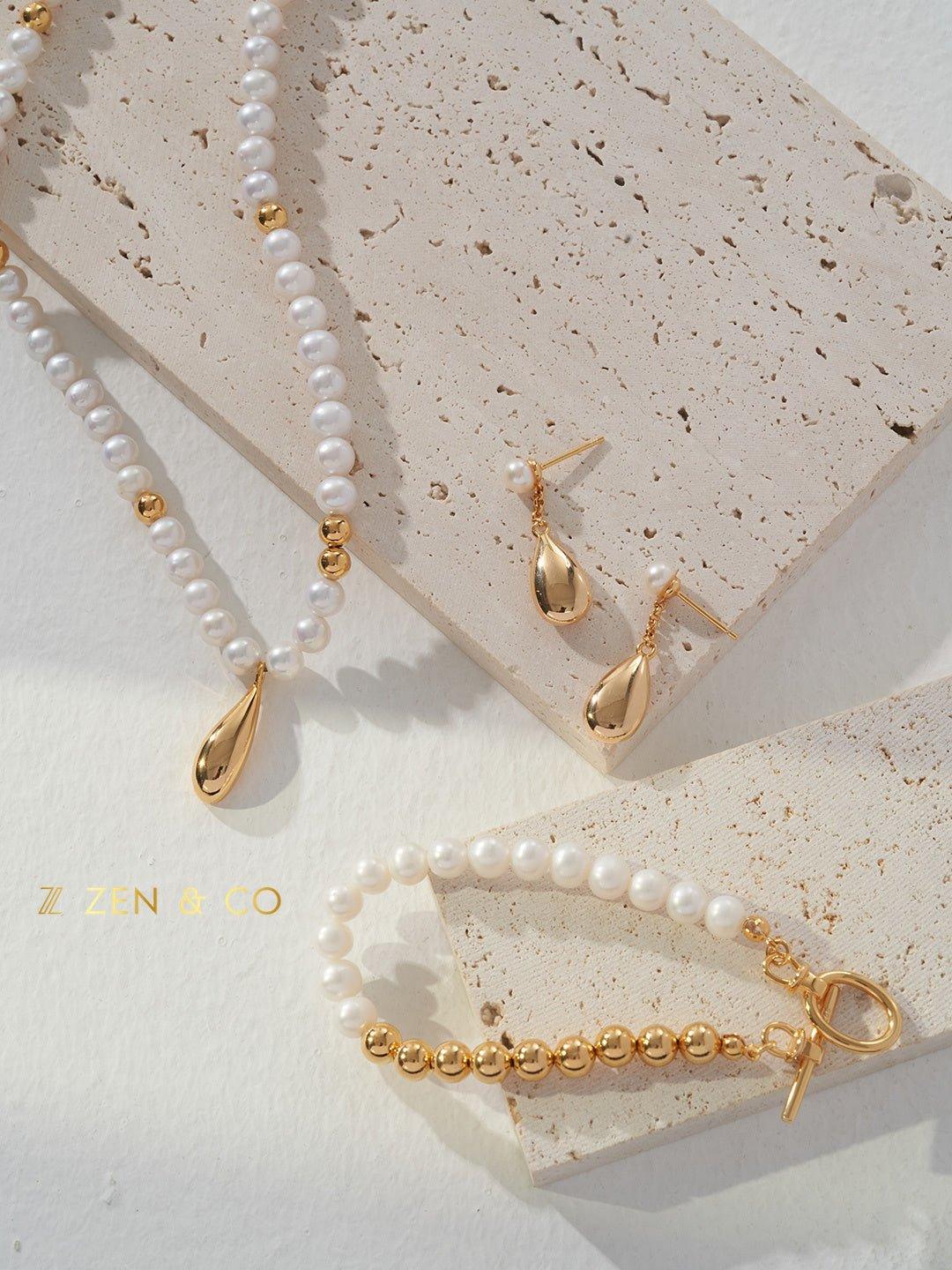 RAINDROP Pearl jewelry set Tear drop pearl earrings Pearl bracelet Pearl necklace - ZEN&CO Studio