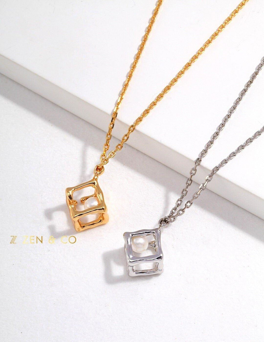 ROCIO Minimalist Cube shaped Pearl pendant necklace - ZEN&CO Studio