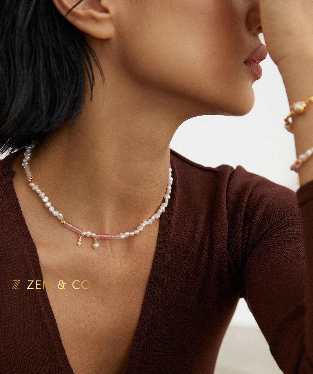 ROSALIA Pink agate and pearl necklace and bracelet - ZEN&CO Studio