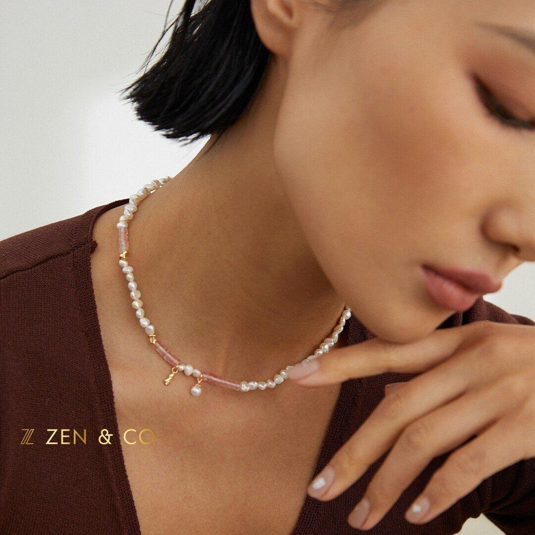 ROSALIA Pink agate and pearl necklace and bracelet - ZEN&CO Studio