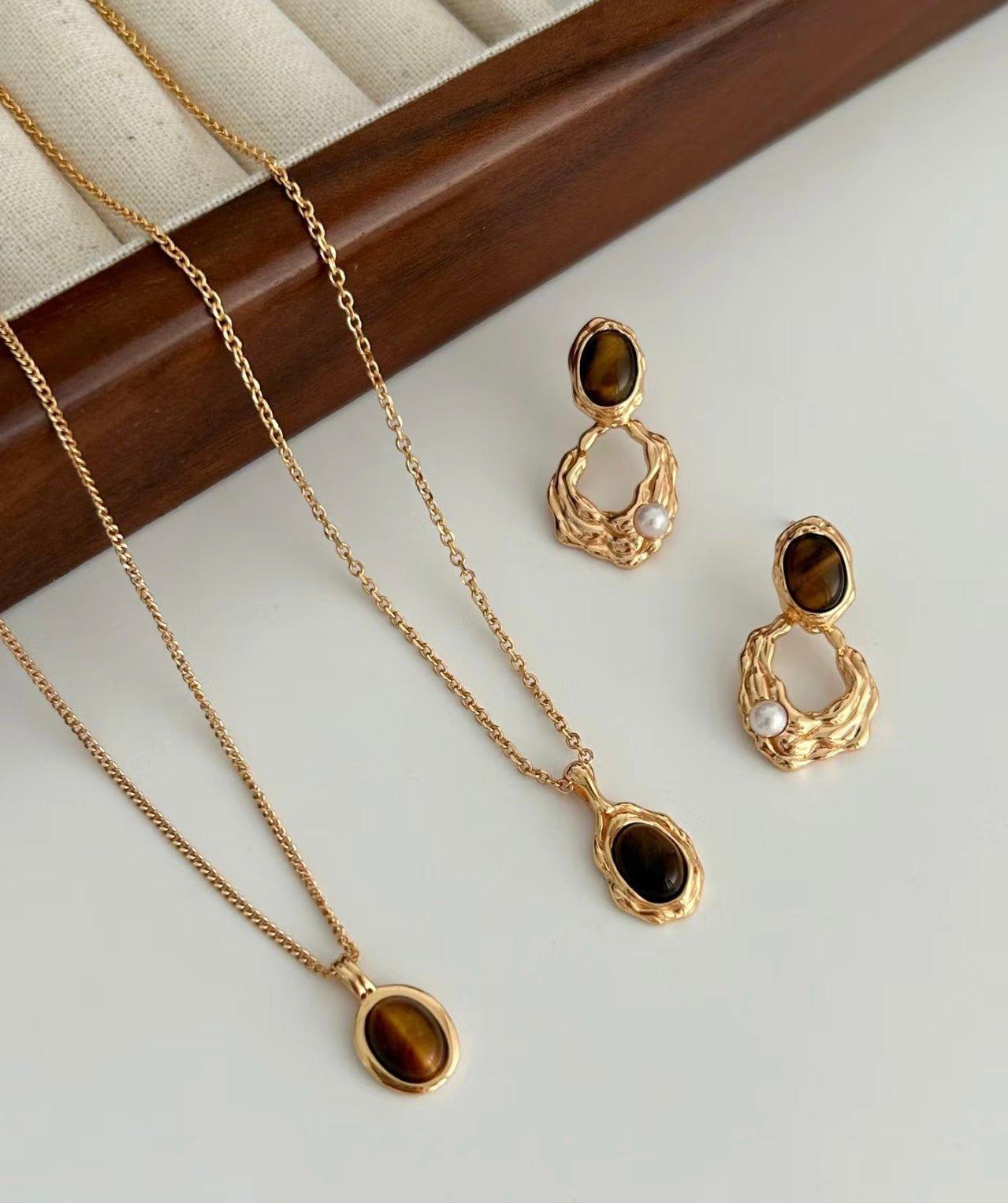 SARISHA Tiger eye drop earrings and simple pendant necklace set - ZEN&CO Studio