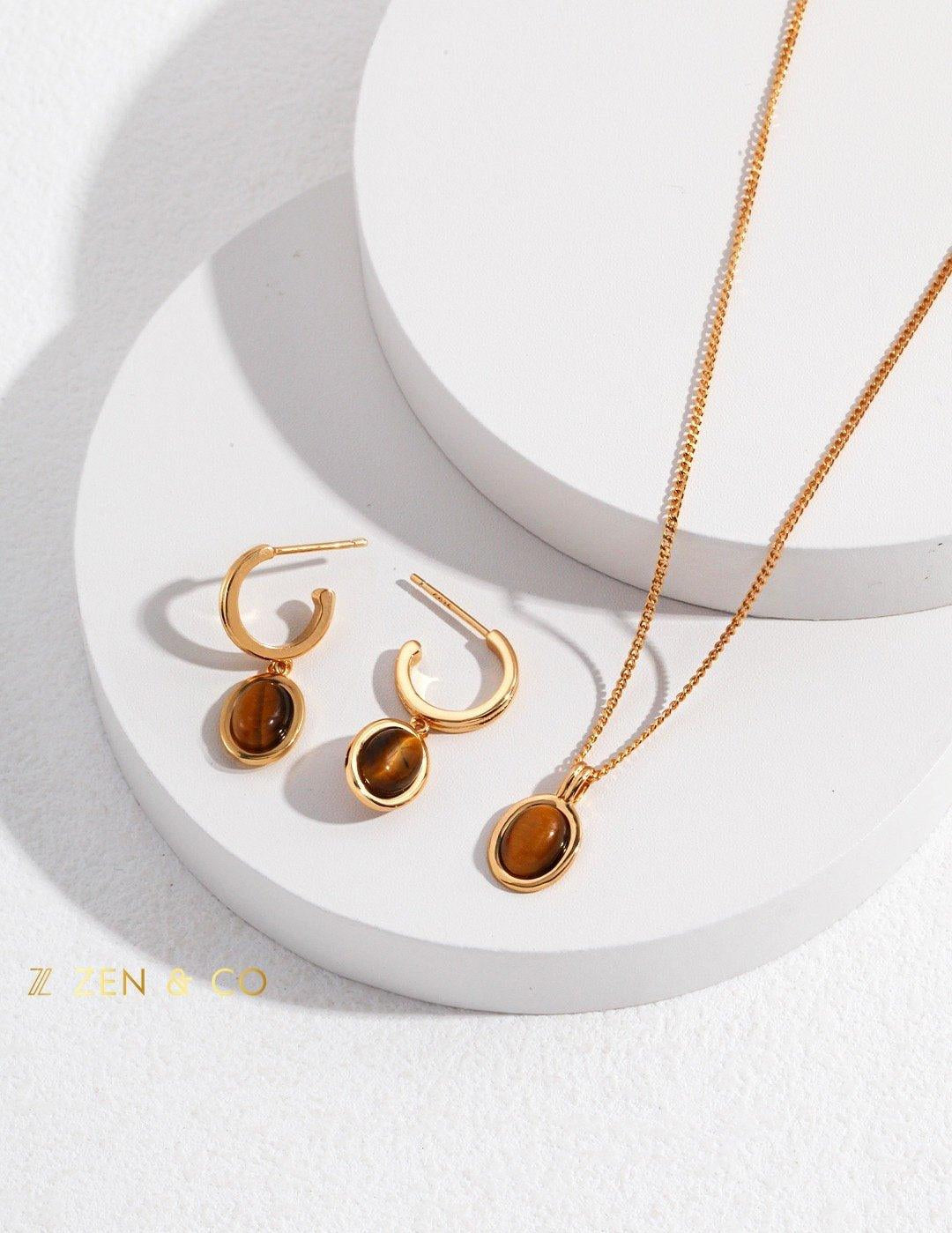 SARISHA Tiger eye drop earrings and simple pendant necklace set - ZEN&CO Studio