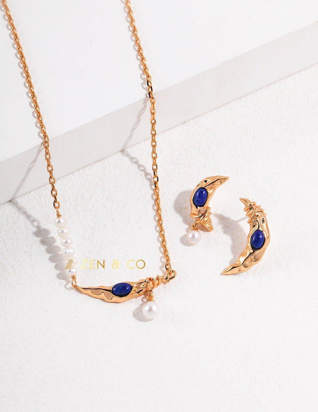 SMITA Lapis lapuli or moonstone moon shaped stud earrings and pendant necklace - ZEN&CO Studio