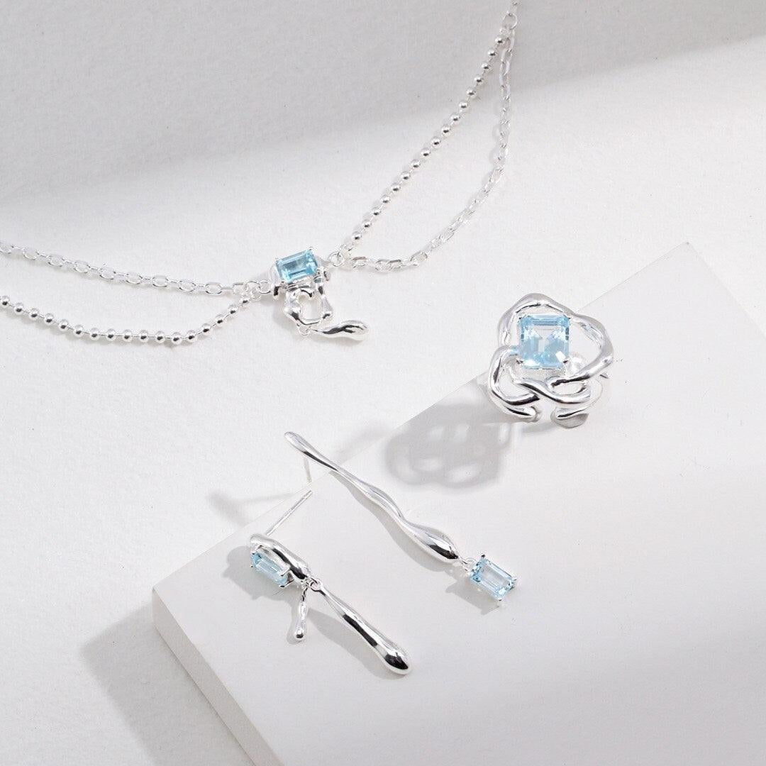 TIFFANY Blue topaz jewelry set necklace ring and earrings - ZEN&CO Studio