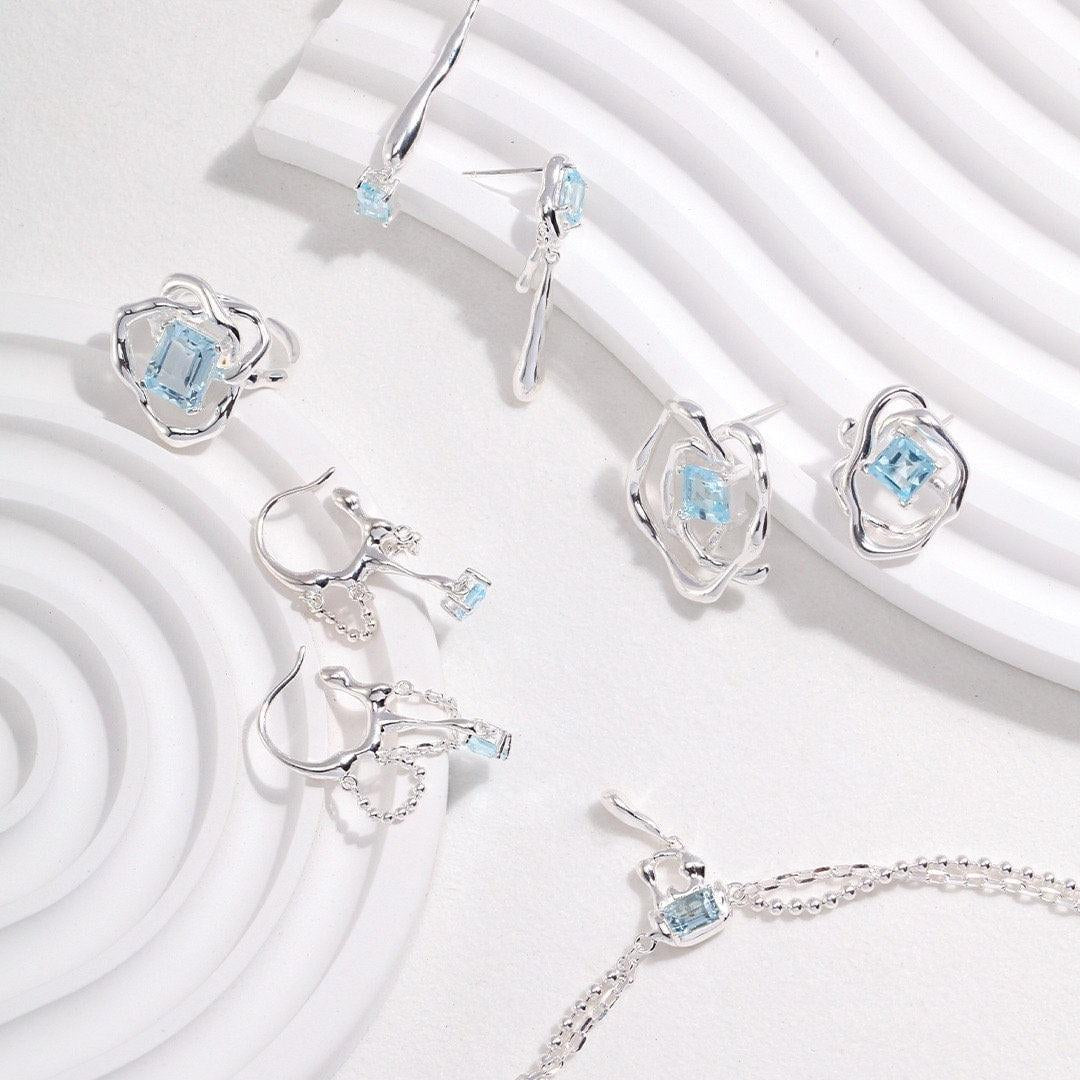 TIFFANY Blue topaz jewelry set necklace ring and earrings - ZEN&CO Studio