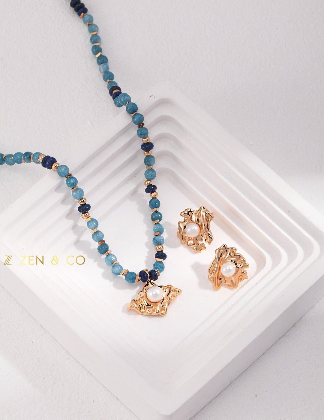 VANDANA Bohemian jewelry set Amazonite and lapis lazuli stone beaded necklace and pearl stud earrings - ZEN&CO Studio