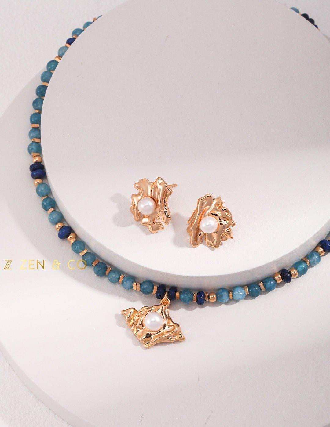 VANDANA Bohemian jewelry set Amazonite and lapis lazuli stone beaded necklace and pearl stud earrings - ZEN&CO Studio