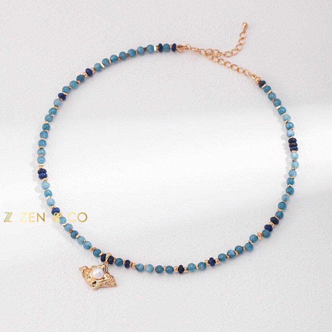 VANDANA Bohemian jewelry set Amazonite and lapis lazuli stone beaded necklace and pearl stud earrings - ZEN&CO Studio