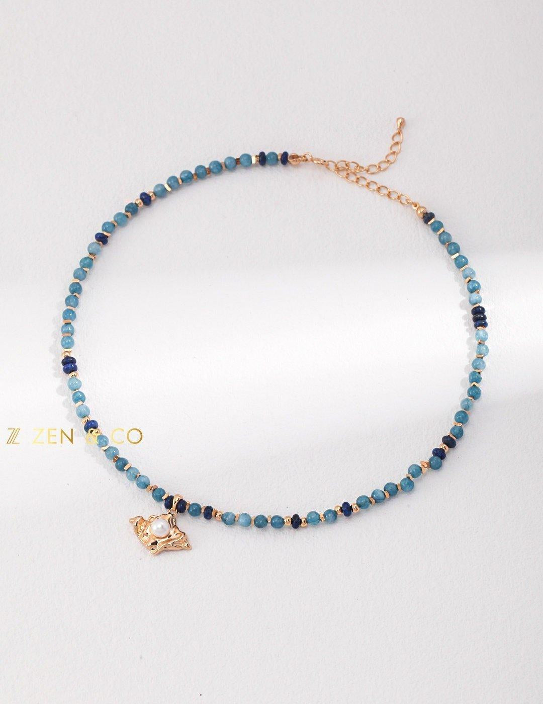 VANDANA Bohemian jewelry set Amazonite and lapis lazuli stone beaded necklace and pearl stud earrings - ZEN&CO Studio