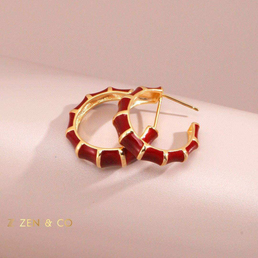 XING Bamboo shaped red enamel hoop earrings - ZEN&CO Studio