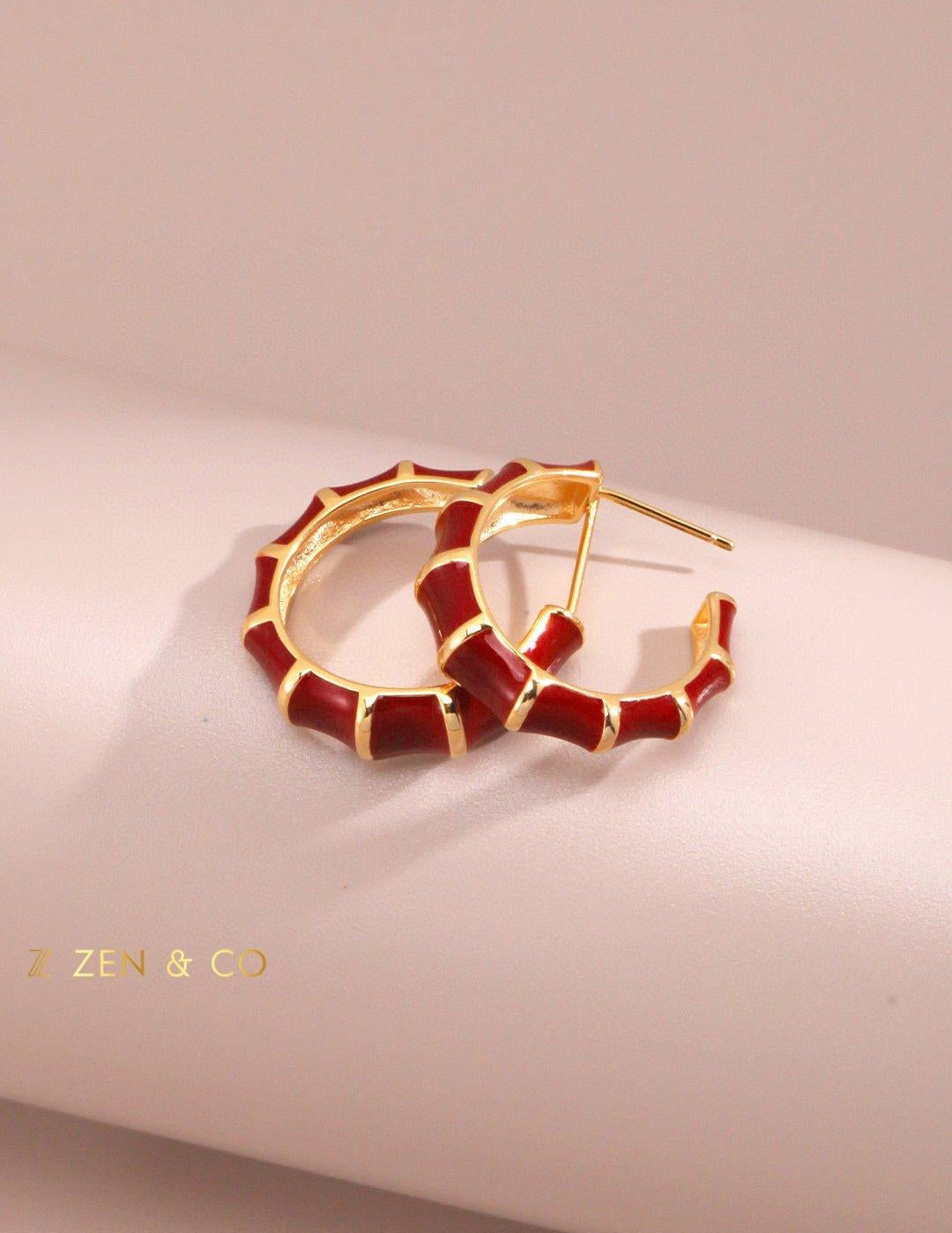 XING Bamboo shaped red enamel hoop earrings - ZEN&CO Studio