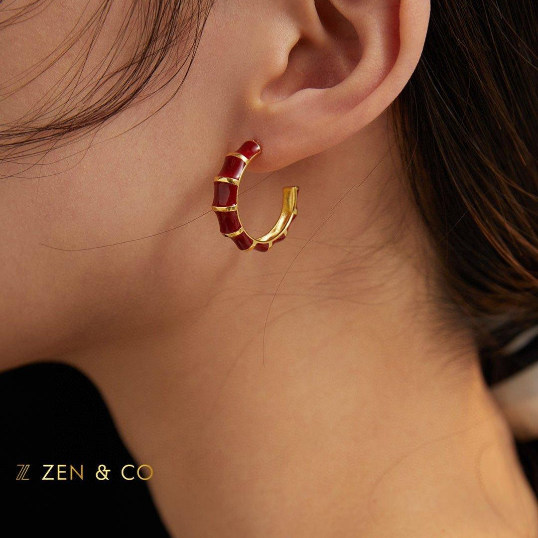 XING Bamboo shaped red enamel hoop earrings - ZEN&CO Studio