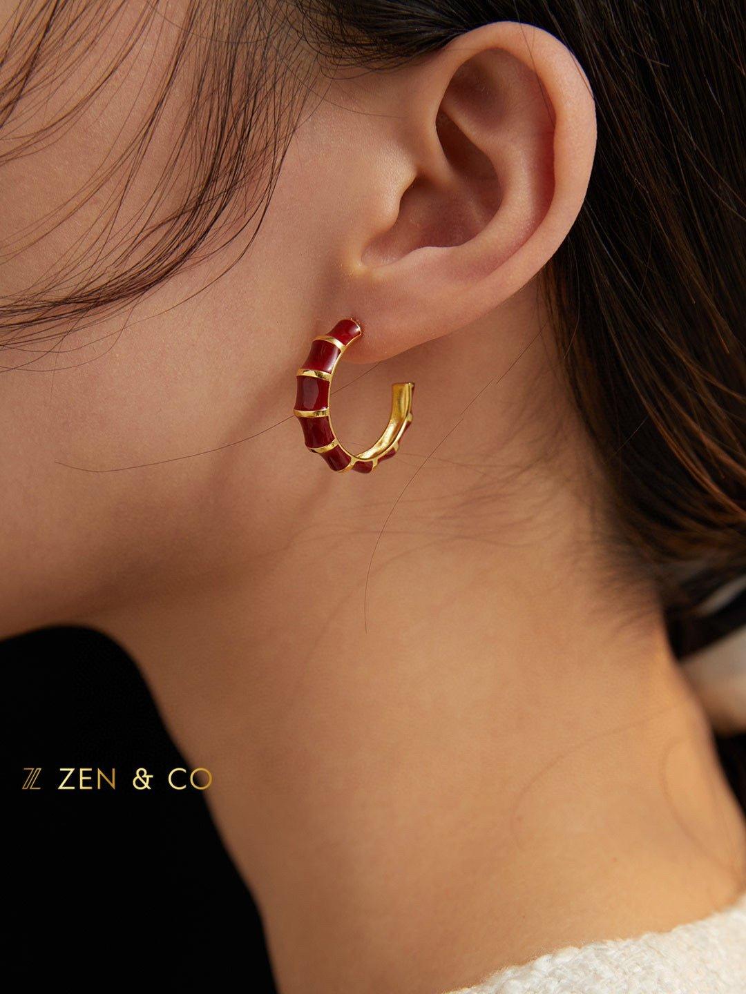 XING Bamboo shaped red enamel hoop earrings - ZEN&CO Studio