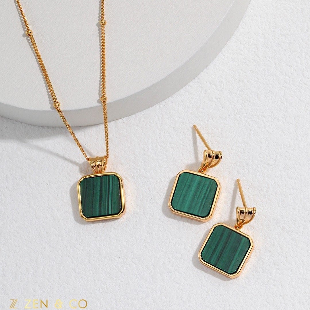 CORA Square shape Malachite drop earrings and pendant necklace - ZEN&CO Studio