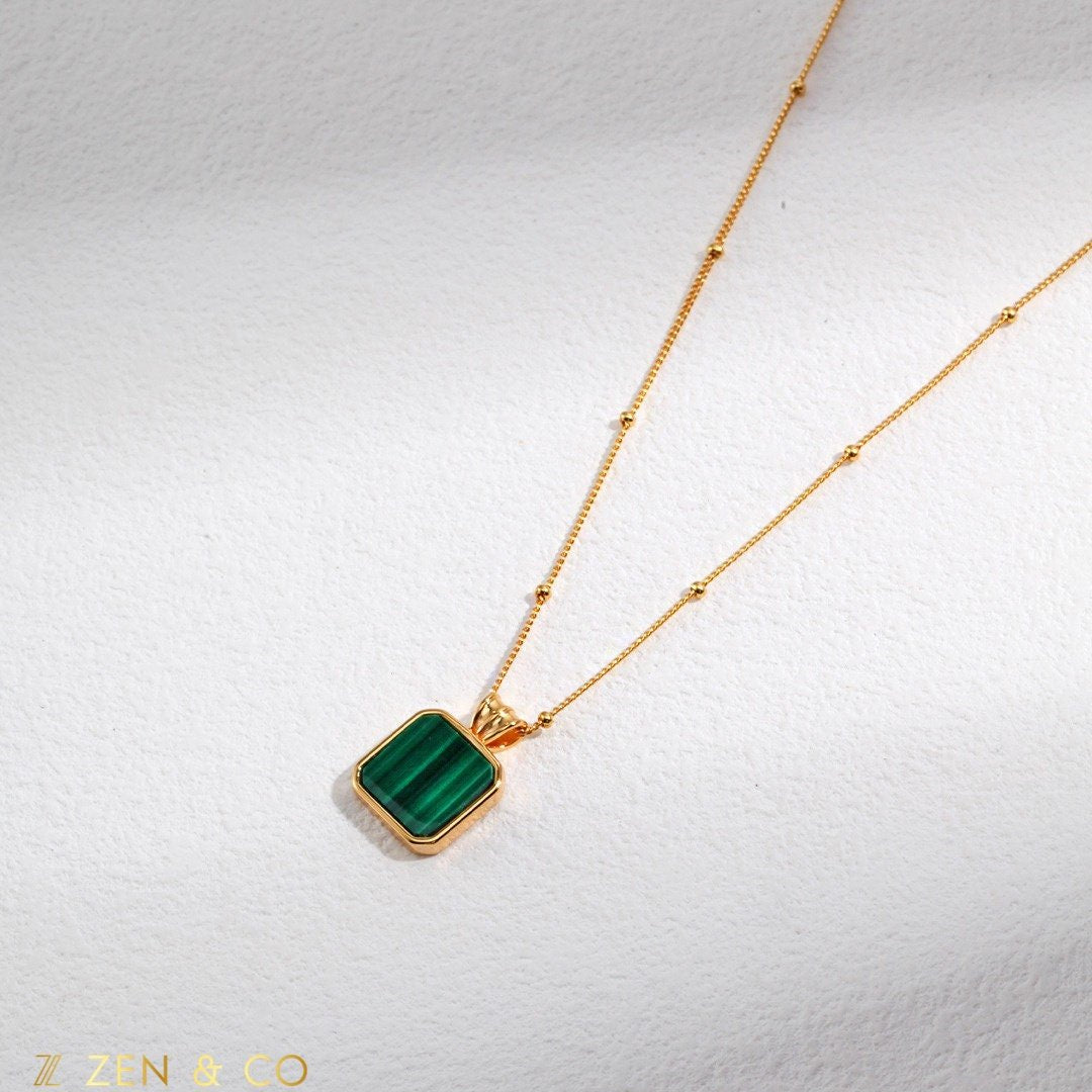 CORA Square shape Malachite drop earrings and pendant necklace - ZEN&CO Studio