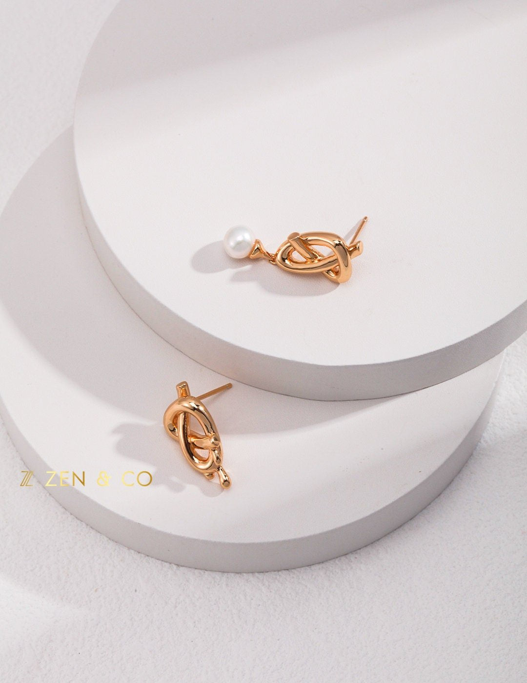 ELSA Asymmetric cute knot pearl stud drop earrings - ZEN&CO Studio