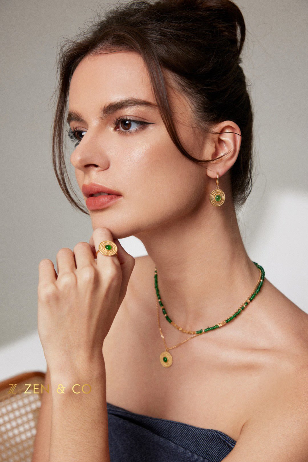 ESMERALDA Bohemian jewelry set Green chalcedony drop earrings Pendant necklace Statement open ring - ZEN&CO Studio