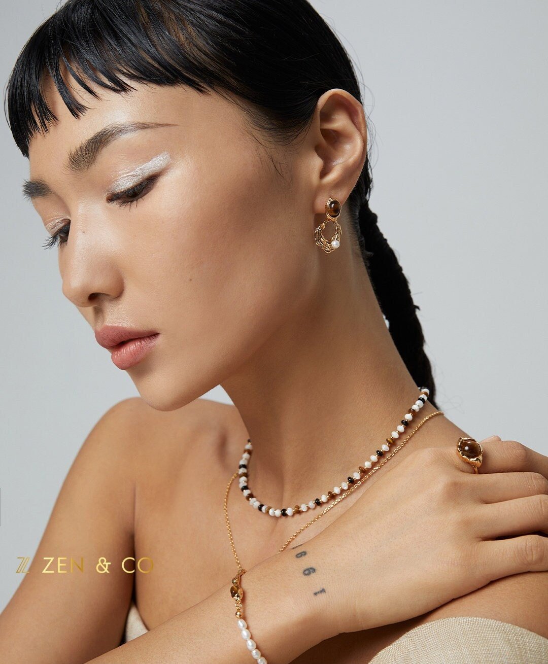 GEETA Bohemian Tiger eye dangle earrings with dainty pearl - ZEN&CO Studio