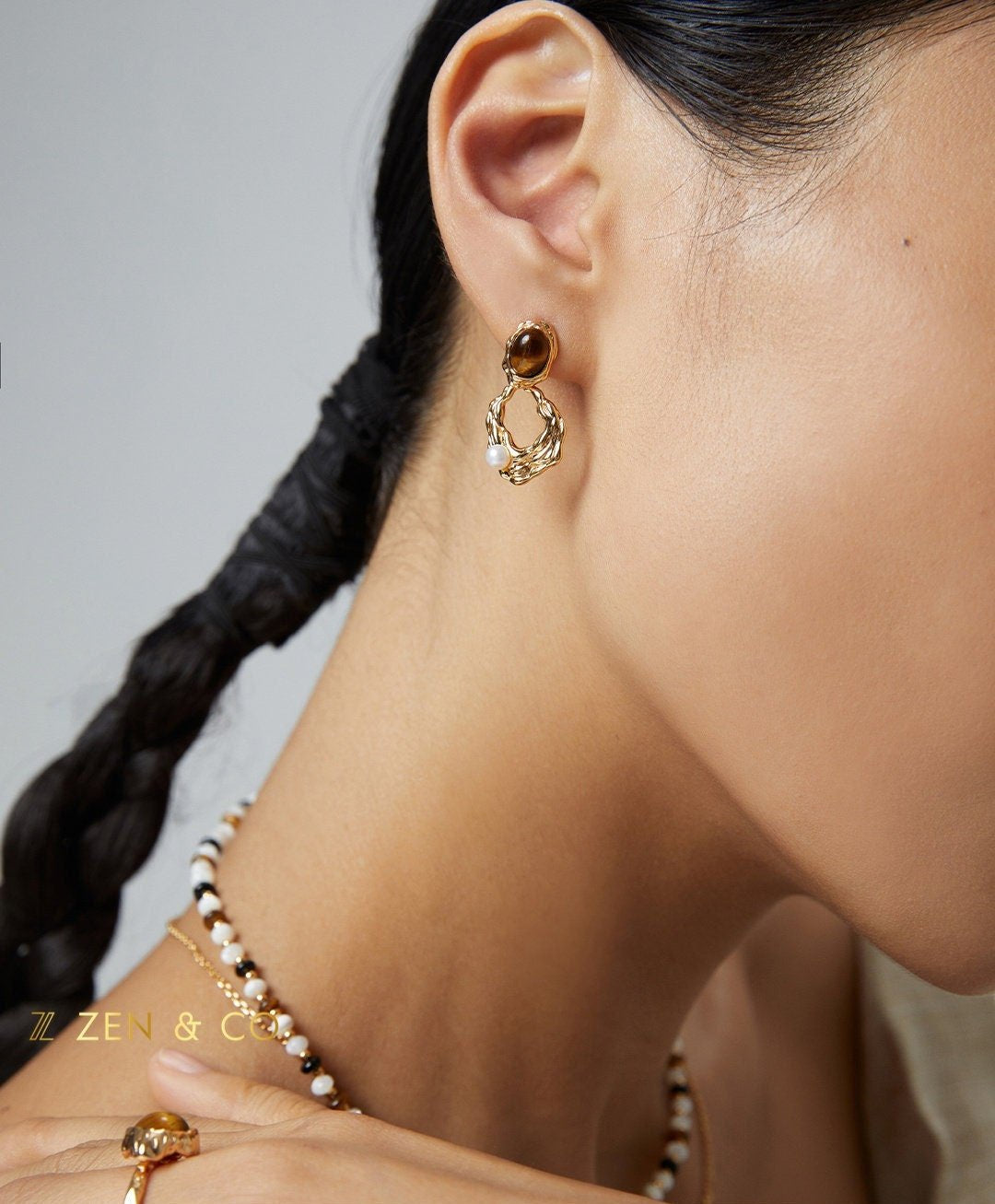 GEETA Bohemian Tiger eye dangle earrings with dainty pearl - ZEN&CO Studio