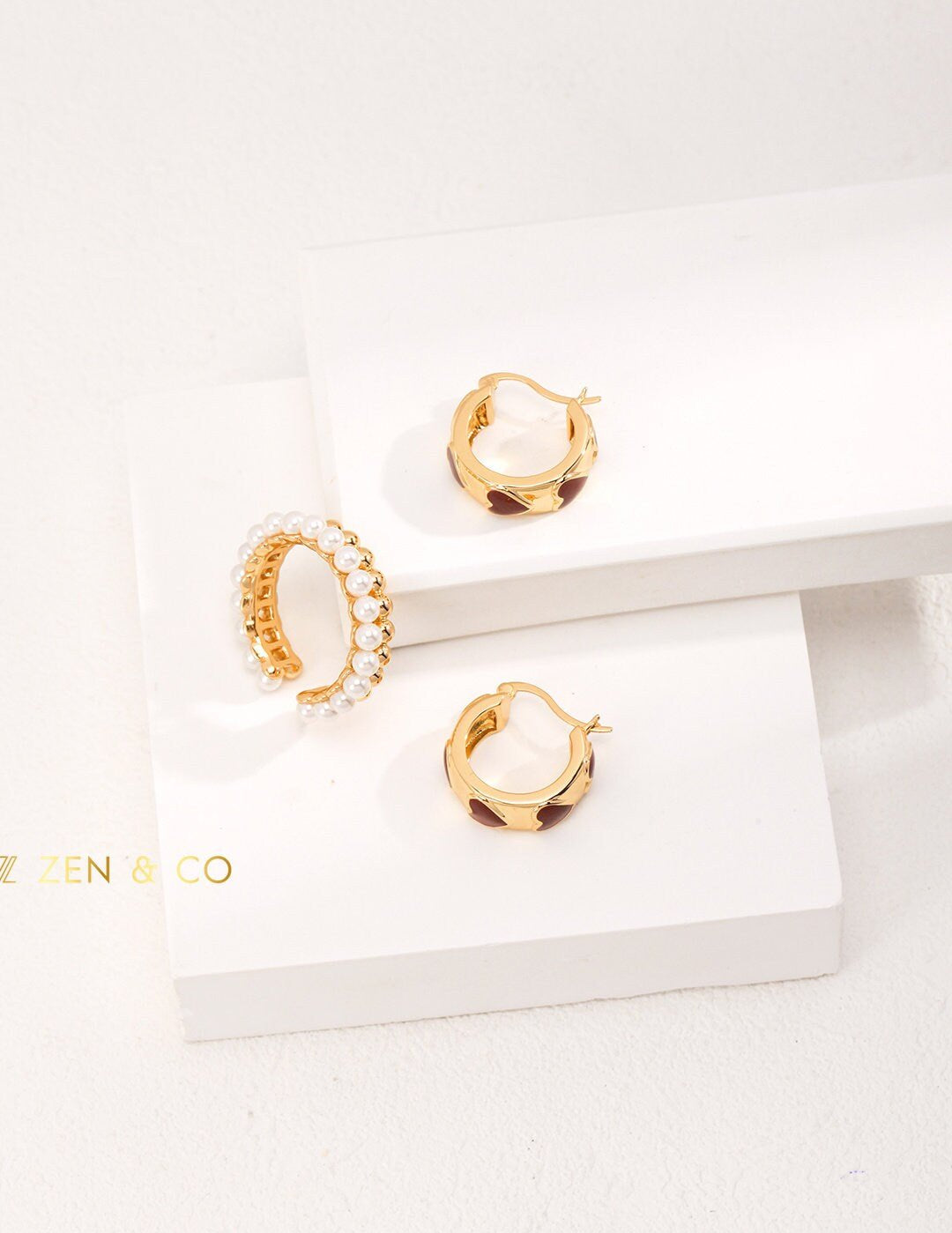 LUCKY Gold Red enamel hoop earrings Red enamel fan earrings - ZEN&CO Studio