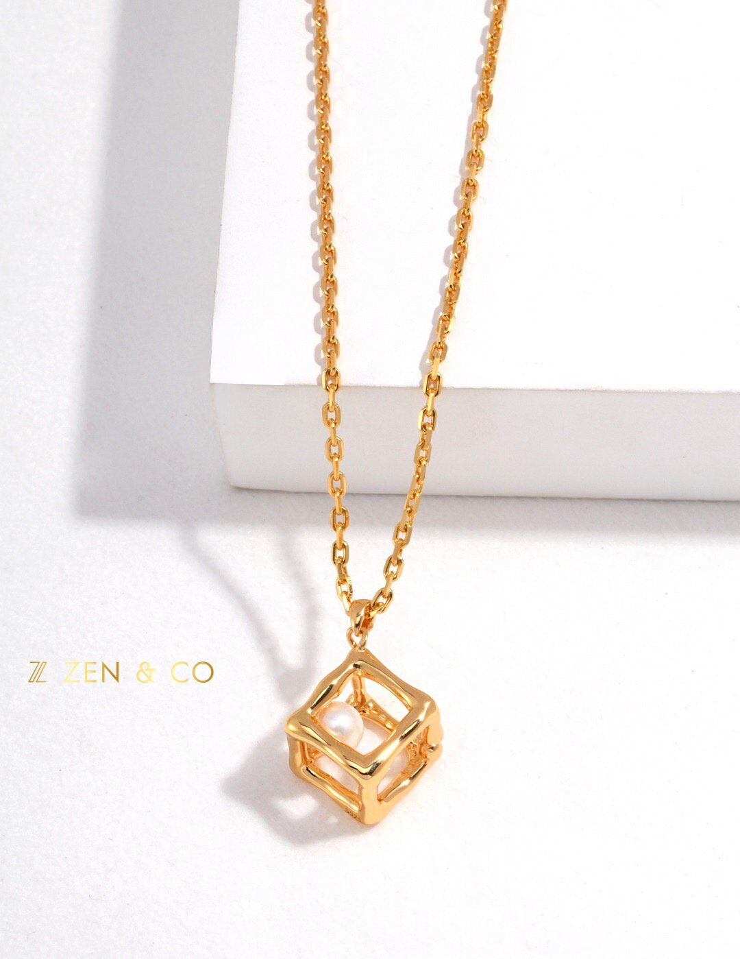 ROCIO Minimalist Cube shaped Pearl pendant necklace - ZEN&CO Studio