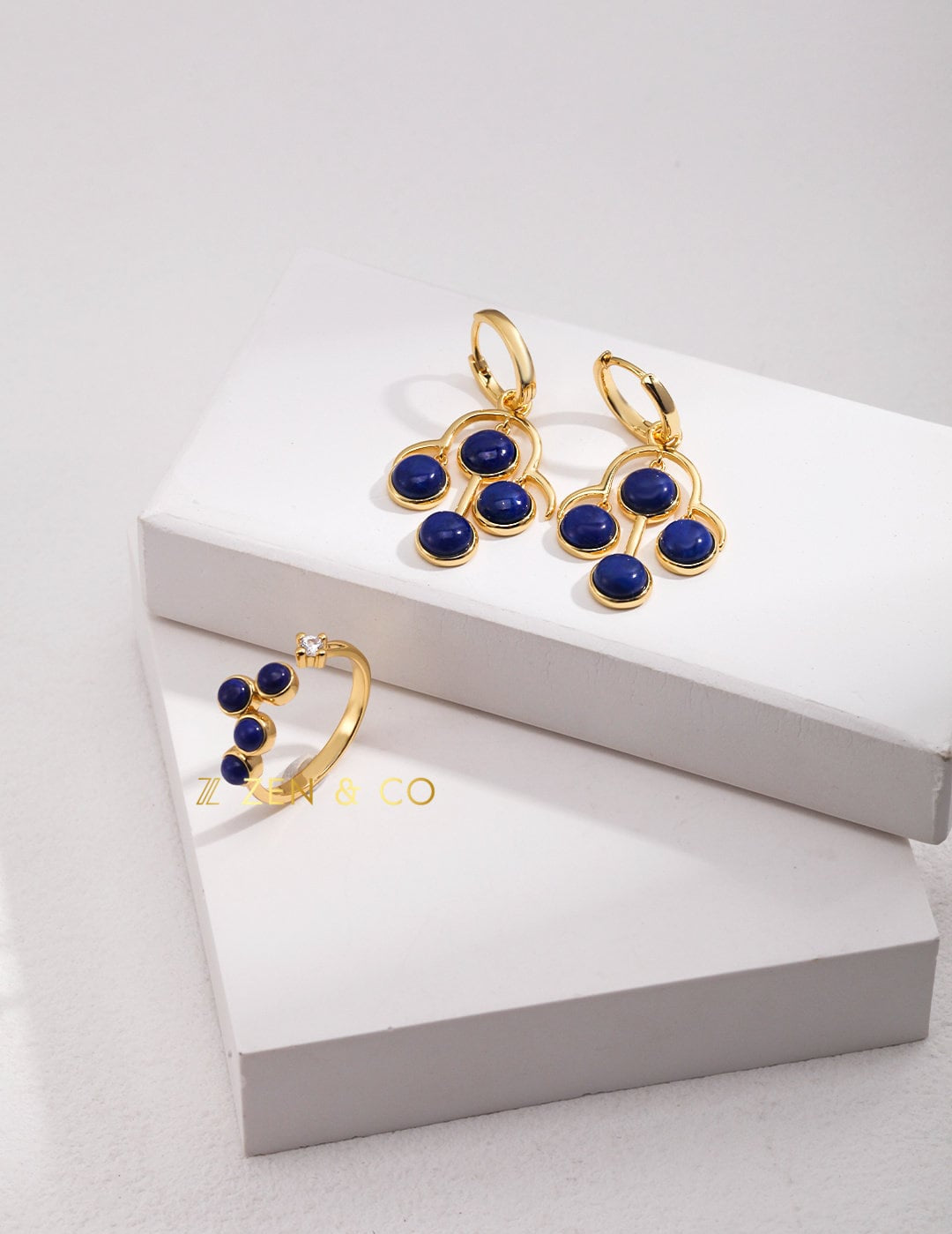 SHEELA Lapis lazuli statement drop earrings and open ring - ZEN&CO Studio