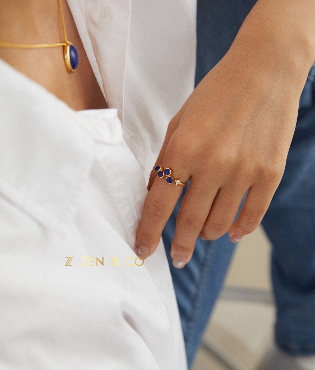 SHEELA Lapis lazuli statement drop earrings and open ring - ZEN&CO Studio