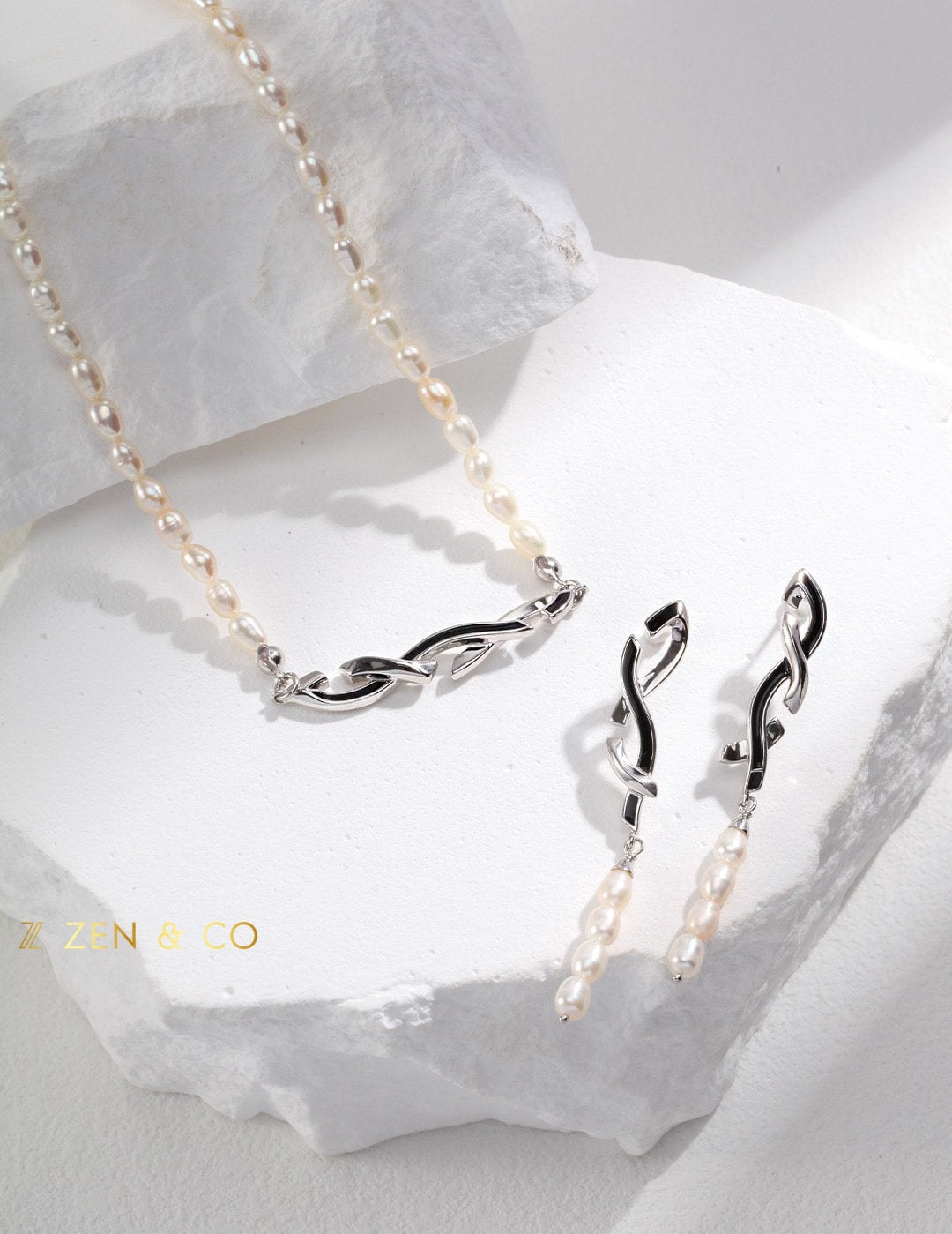URSULA Geometric knot pearl earrings and necklace set - ZEN&CO Studio