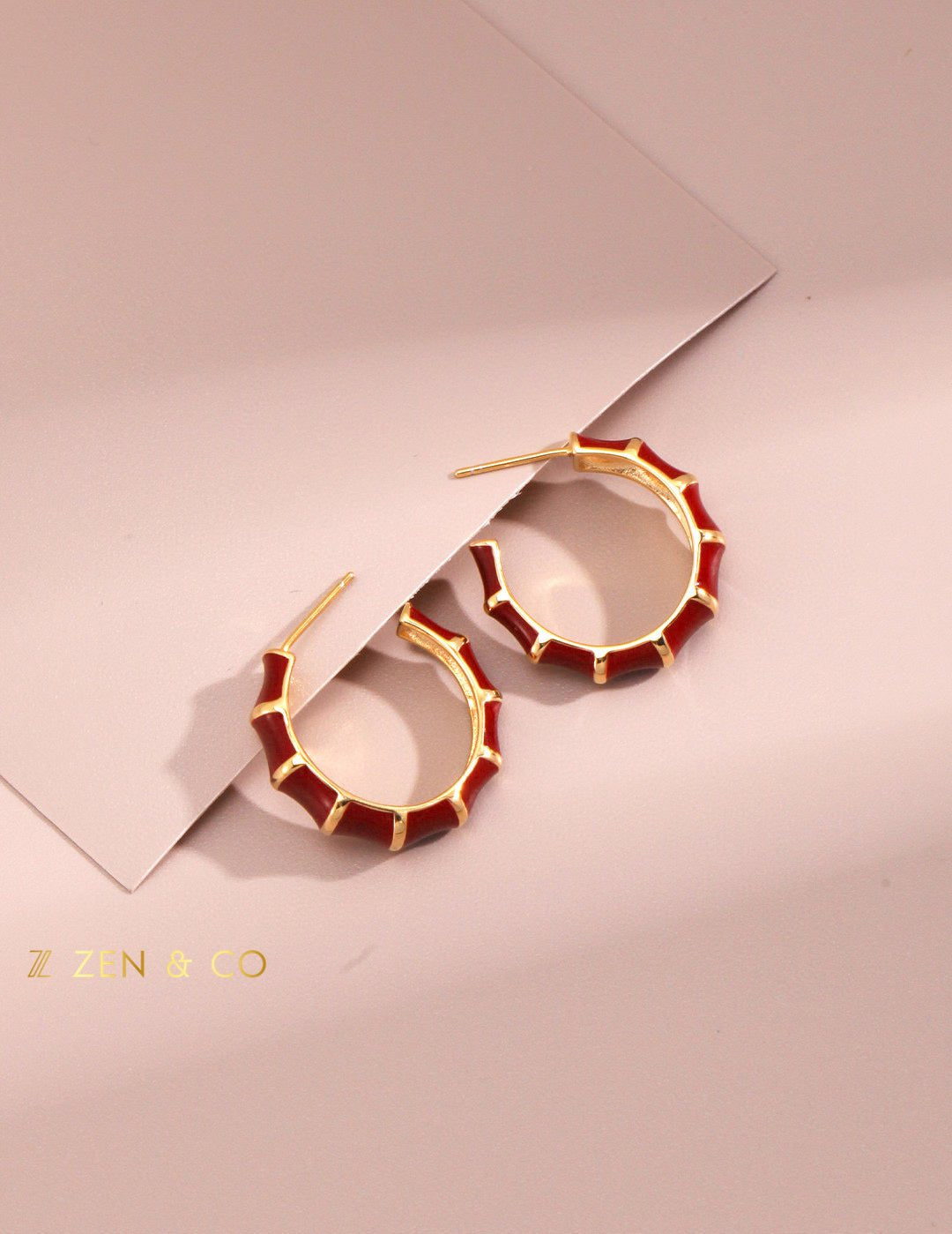 XING Bamboo shaped red enamel hoop earrings - ZEN&CO Studio